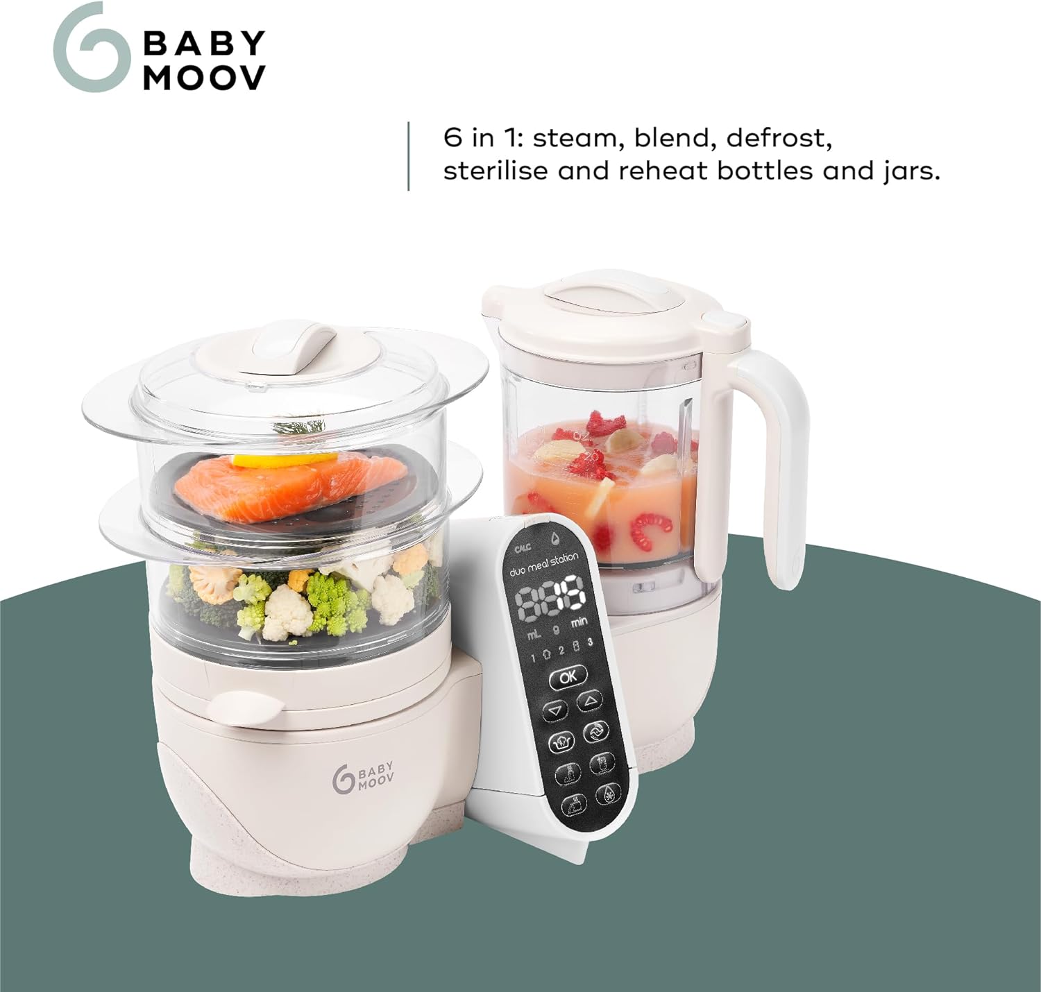 Babymoov Duo Meal 6 en 1: Procesador de Alimentos para Bebés con Vaporizador y Licuadora de Velocidades Múltiples, Calienta y Descongela (Aprobado por Nutricionistas), Gris