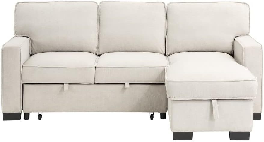 Lilola Home Estelle - Cama Reversible de Tela Beige de 86 Pulgadas, con Mesa desplegable de Almacenamiento para tumbonas, 2 portavasos y 2 Puertos USB