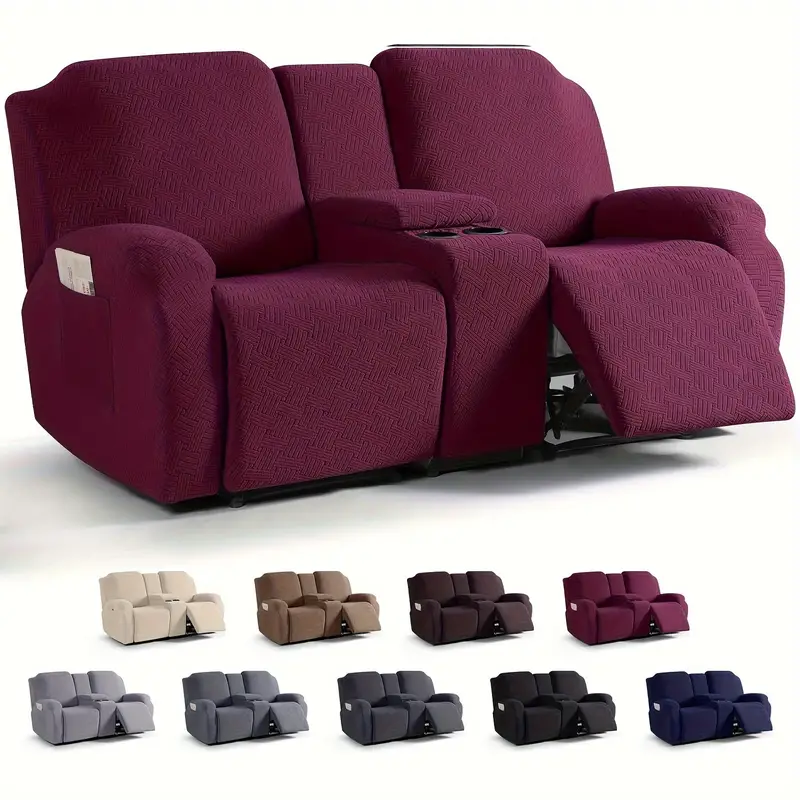 Juego clsico de fundas para silln reclinable de consola central de 8 piezas: polister elstico y spandex con cierre elstico, funda para muebles lavable a mquina de dise?o de una sola pieza para silln de masaje de teatro de 2 asientos