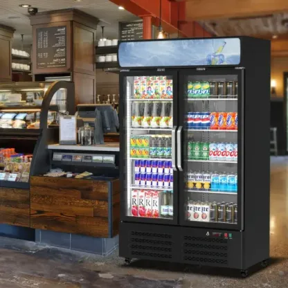 Refrigerador comercial para bebidas HUFY de 26.2 pies cúbicos con 2 puertas de vidrio, enfriador vertical para bebidas con iluminación LED, estantes ajustables y organizadores de bebidas, enfriamiento de 32 a 50