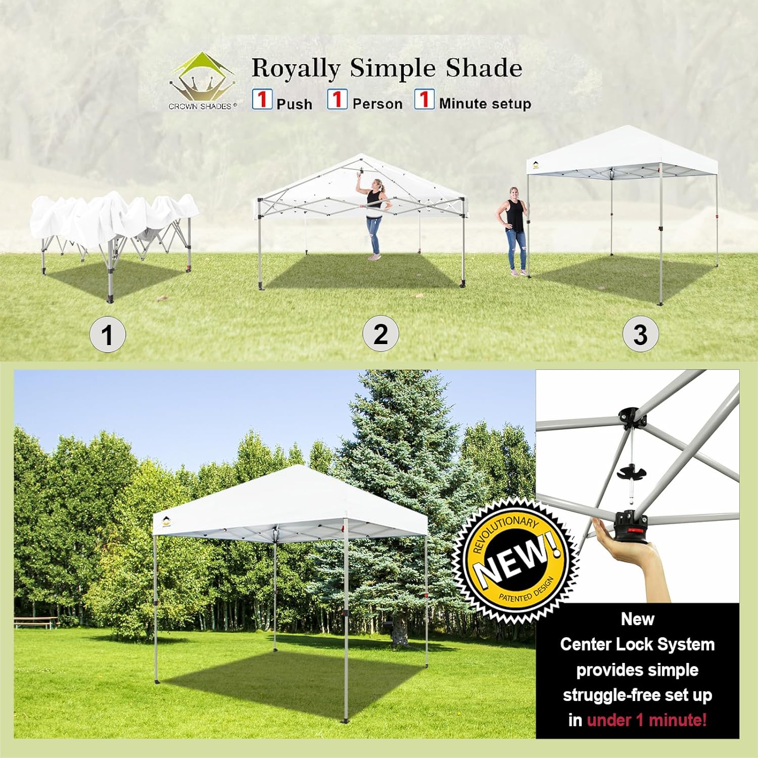 CROWN SHADES - Toldo desplegable para la Playa, fácil de armar, para el Aire Libre, Eventos, Fiestas, Campamento, Cubierta STO-N-Go, Parte Superior recubierta de Plata, 10 x 10 Pulgadas, Blanco