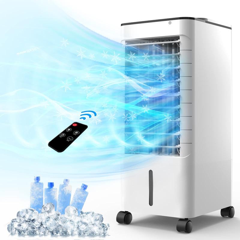 Portable Air Cooler Fan, 3-IN-1 Evaporative Tank Fan Swamp Cooler aire acondicionado portatil with Remote, 3 Modes 3 Speeds &12H Timer, 1.16/9.5Gal ,4 Ice Packs & 4 Wheels, 45° Oscillation, Quiet for Room Home Office