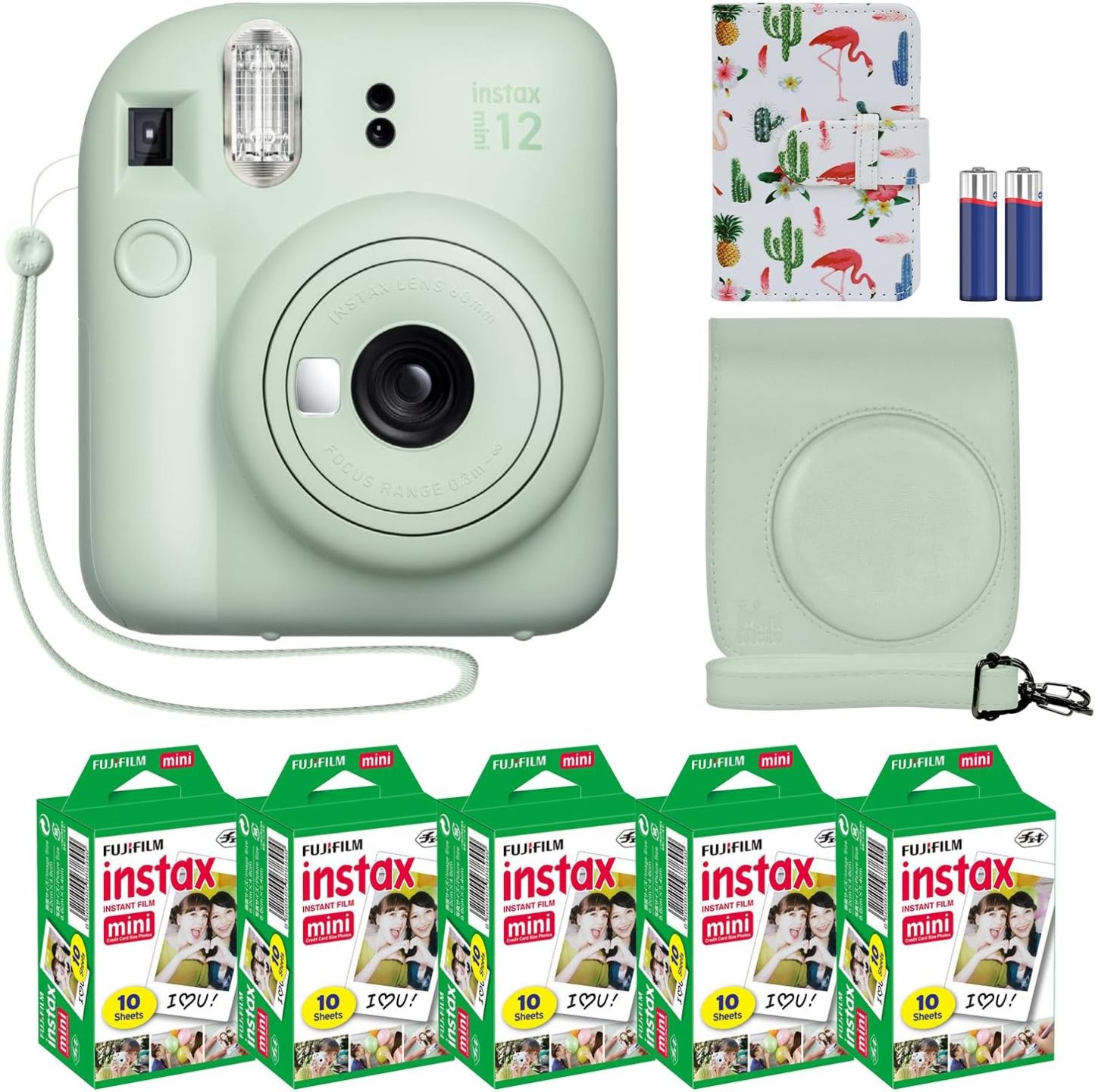Fujifilm Instax Mini 12 cámara instantánea + paquete de accesorios MiniMate y funda personalizada compatible + Fuji Instax Film Value Pack (50 hojas) Álbum de fotos de diseño flamenco (verde menta)
