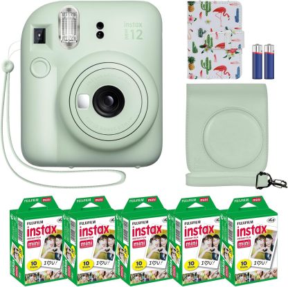 Fujifilm Instax Mini 12 cámara instantánea + paquete de accesorios MiniMate y funda personalizada compatible + Fuji Instax Film Value Pack (50 hojas) Álbum de fotos de diseño flamenco (verde menta)