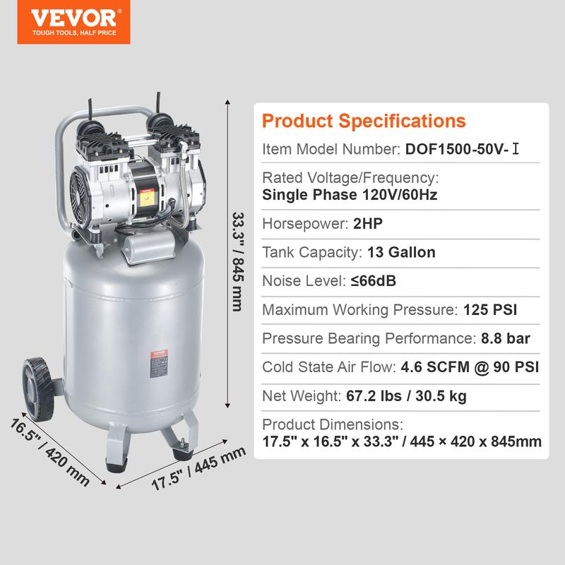 Compresor de aire VEVOR de 13 galones, 2 HP, 4.6 SCFM a 90 PSI, sin aceite, ultra silencioso (66 dB) para inflado de neumáticos, reparación de automóviles, clavado en carpintería y pintura con pistola (presión máx. de 125 PSI)