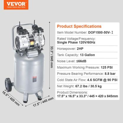 Compresor de aire VEVOR de 13 galones, 2 HP, 4.6 SCFM a 90 PSI, sin aceite, ultra silencioso (66 dB) para inflado de neumáticos, reparación de automóviles, clavado en carpintería y pintura con pistola (presión máx. de 125 PSI)