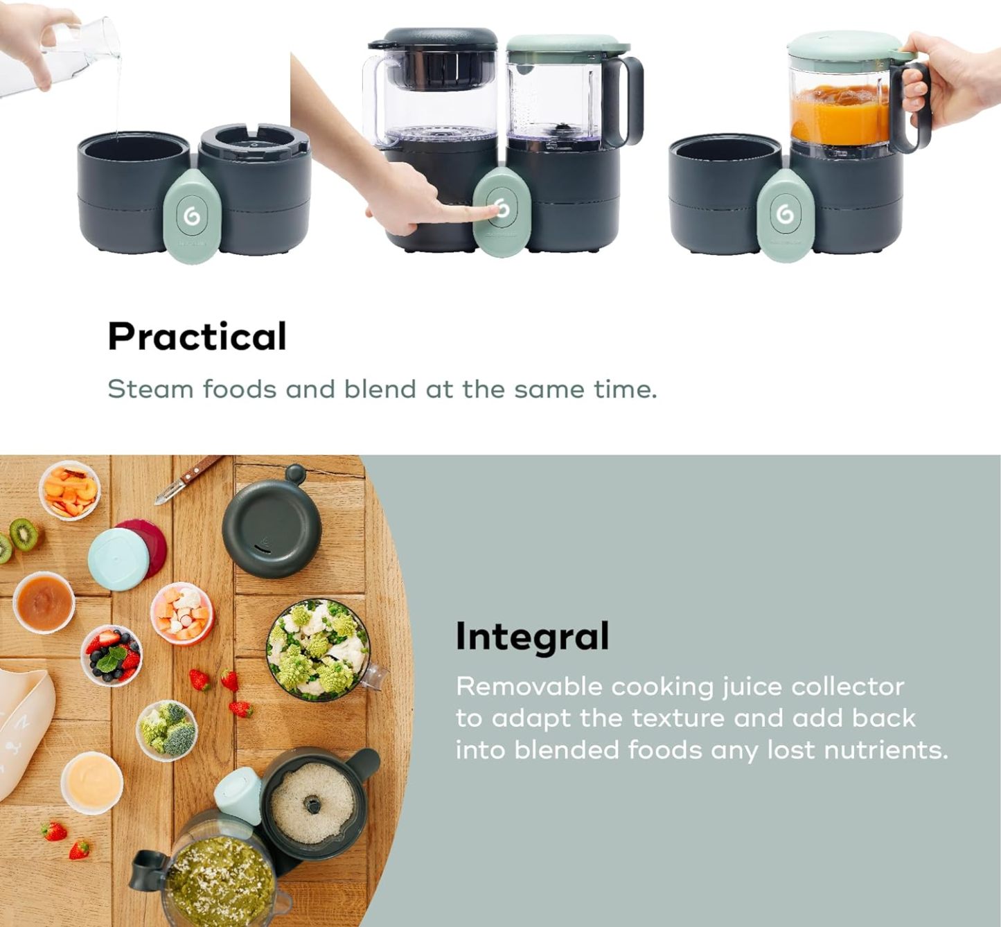 Babymoov Duo Meal 6 en 1: Procesador de Alimentos para Bebés con Vaporizador y Licuadora de Velocidades Múltiples, Calienta y Descongela (Aprobado por Nutricionistas), Gris