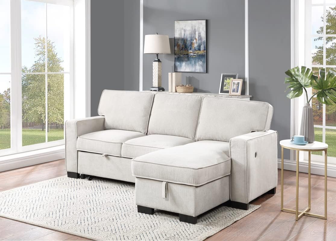 Lilola Home Estelle - Cama Reversible de Tela Beige de 86 Pulgadas, con Mesa desplegable de Almacenamiento para tumbonas, 2 portavasos y 2 Puertos USB