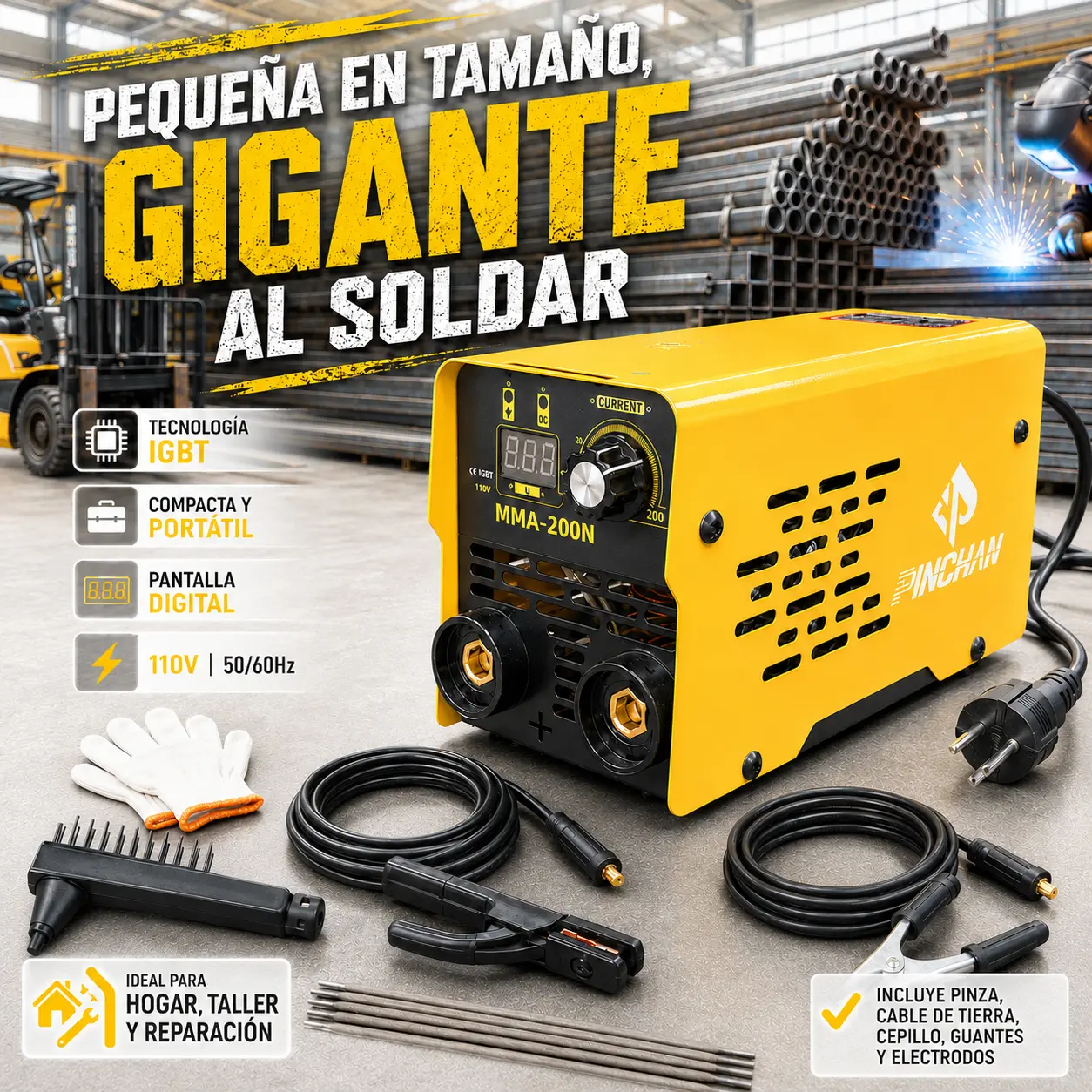 Soldadora Inverter Portátil MMA 110V, Tecnología IGBT, Pantalla Digital LED, Ligera, Función Antiadherente, Incluye Guantes, Ideal para Bricolaje y Reparación