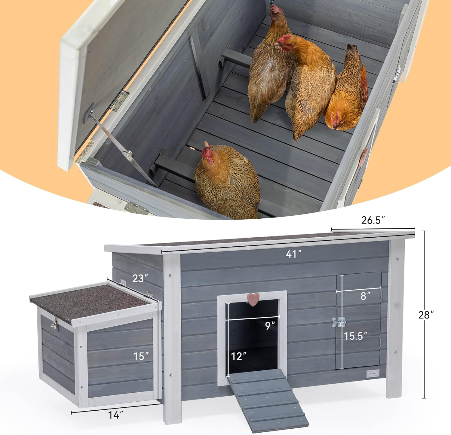 Petsfit- Gallinero grande con perchas mejoradas, jaula de madera para gallinas al aire libre con caja nido grande, techo de asfalto abierto resistente a la intemperie y fondo removible, casa para pato