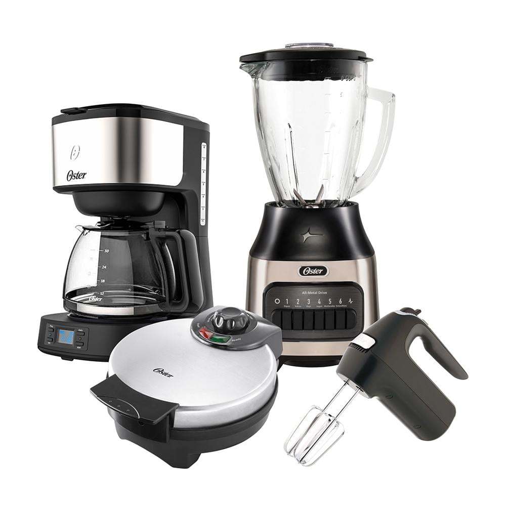 Combo Oster 4 Elementos con Licuadora 6 Velocidades, Cafetera Programable 8 tazas, Batidora y Wafflera