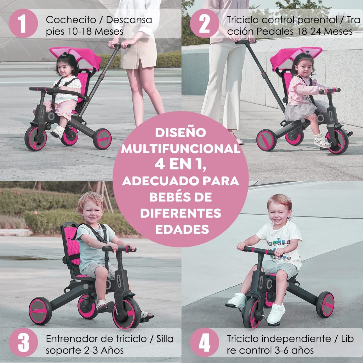 Triciclo de bebé 4 en 1, Bici polivalente, cochecito de dirección plegable, bicicleta de aprendizaje con barandilla desmontable, con toldo ajustable, arnés de seguridad, pedales plegable, freno, asa de empuje para padres, diseño de absorción de impactos,