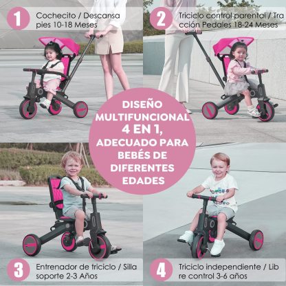 Triciclo de bebé 4 en 1, Bici polivalente, cochecito de dirección plegable, bicicleta de aprendizaje con barandilla desmontable, con toldo ajustable, arnés de seguridad, pedales plegable, freno, asa de empuje para padres, diseño de absorción de impactos,