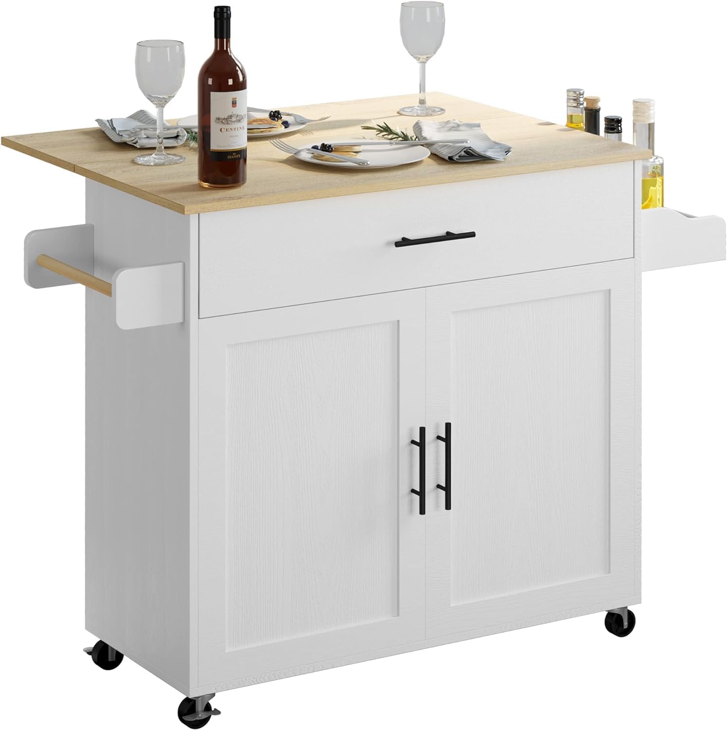 Isla de Cocina Móvil Multifuncional con Ruedas - Abatible,Organizador Integrado Gabinetes,Cajones,Especiero,Toallero Mesa Auxiliar,Almacenamiento Compacto Color de Relieve Blanco