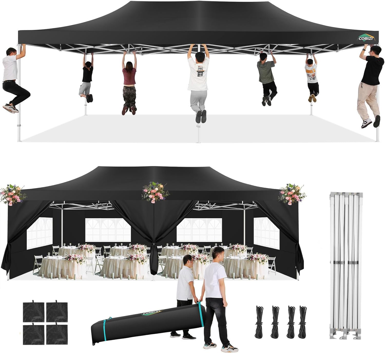 COBIZI - Toldo desplegable de 10 x 20 Pulgadas con 6 Paredes Laterales, toldo Impermeable para Eventos al Aire última intervensión, UPF 50+ cenador portátil para Fiestas, Playa, Camping, Boda,