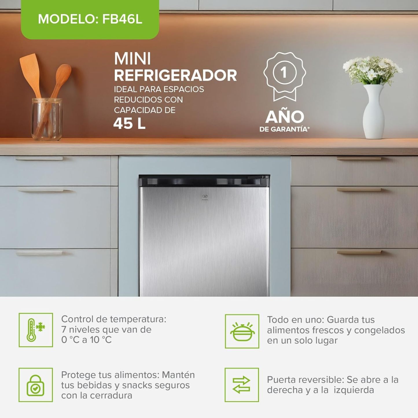 AVERA Frigobar 45L con Llave | Mini Refrigerador con Congelador, Puerta Reversible y Control de Temperatura 0°C-10°C | Ideal para Oficina, Cuarto o Minibar | FB46L