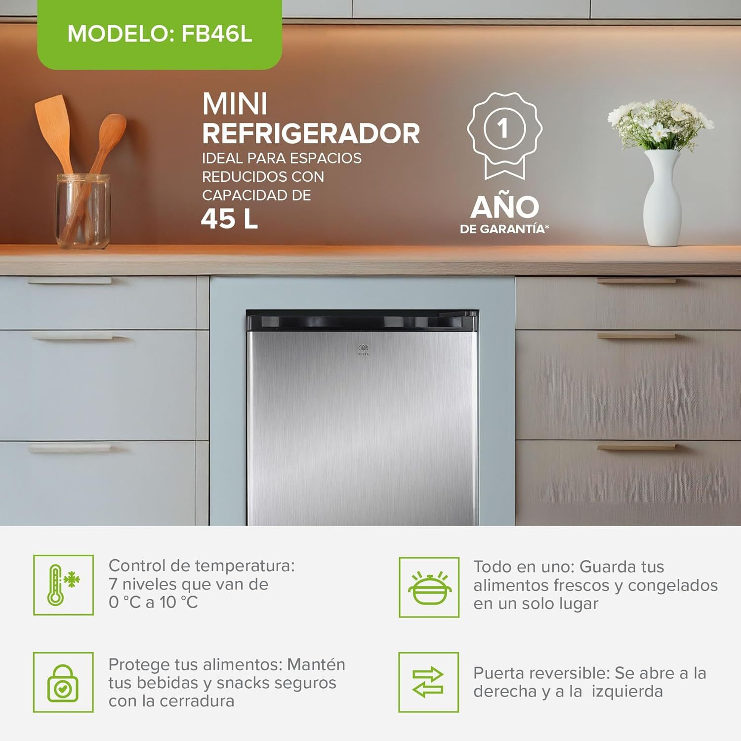 AVERA Frigobar 45L con Llave | Mini Refrigerador con Congelador, Puerta Reversible y Control de Temperatura 0°C-10°C | Ideal para Oficina, Cuarto o Minibar | FB46L