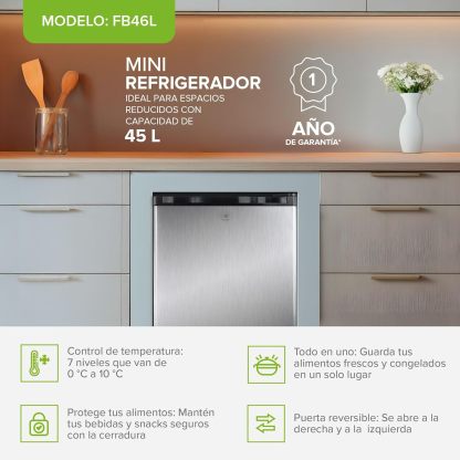 AVERA Frigobar 45L con Llave | Mini Refrigerador con Congelador, Puerta Reversible y Control de Temperatura 0°C-10°C | Ideal para Oficina, Cuarto o Minibar | FB46L