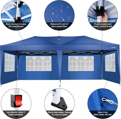 COBIZI - Toldo desplegable de 10 x 20 Pulgadas con 6 Paredes Laterales, toldo Impermeable para Eventos al Aire última intervensión, UPF 50+ cenador portátil para Fiestas, Playa, Camping, Boda,