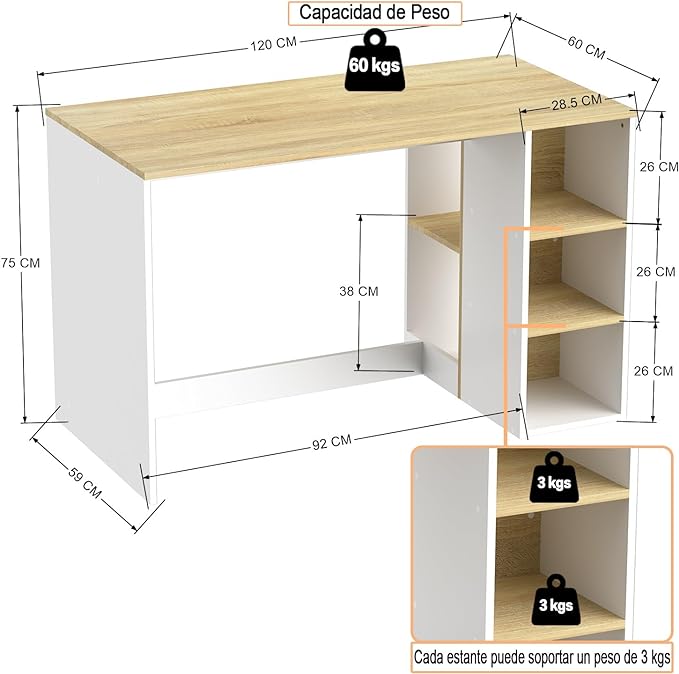 FurnitureR Escritorio para Computadora de Oficina con Almacenamiento Escritorio de Trabajo y Estudio con 5 Estantes Mesa Portátil para Estudiantes Escritorio de Escritura Moderno Haya y Blanco