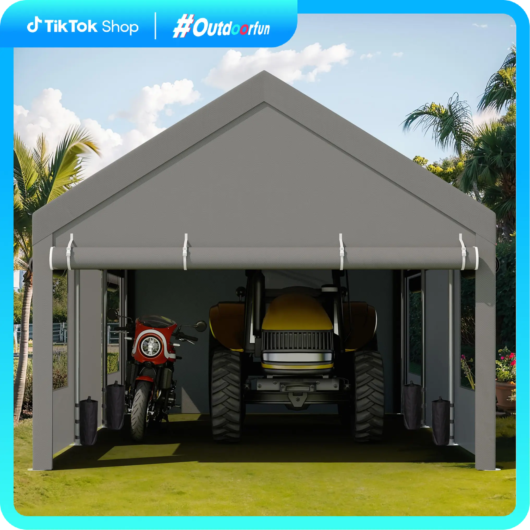 Cobertizo para Auto 10/12x20 ft – Garaje Portátil para Exterior, Toldos de Alta Resistencia con Ventanas Ventiladas y Laterales Removibles, Protección contra Humedad para Vehículos, Fiesta, Campamento o Herramientas, PVC Duradero, Gris/Blanco