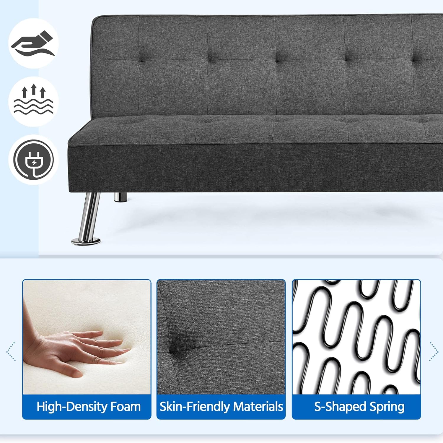 Yaheetech - Sofá Cama Convertible Moderno con 2 Puertos de Carga USB Integrados de Tela, Patas de Metal, 3 ángulos Ajustables para una Vida compacta, Departamento, recámara, habitación Extra Gris
