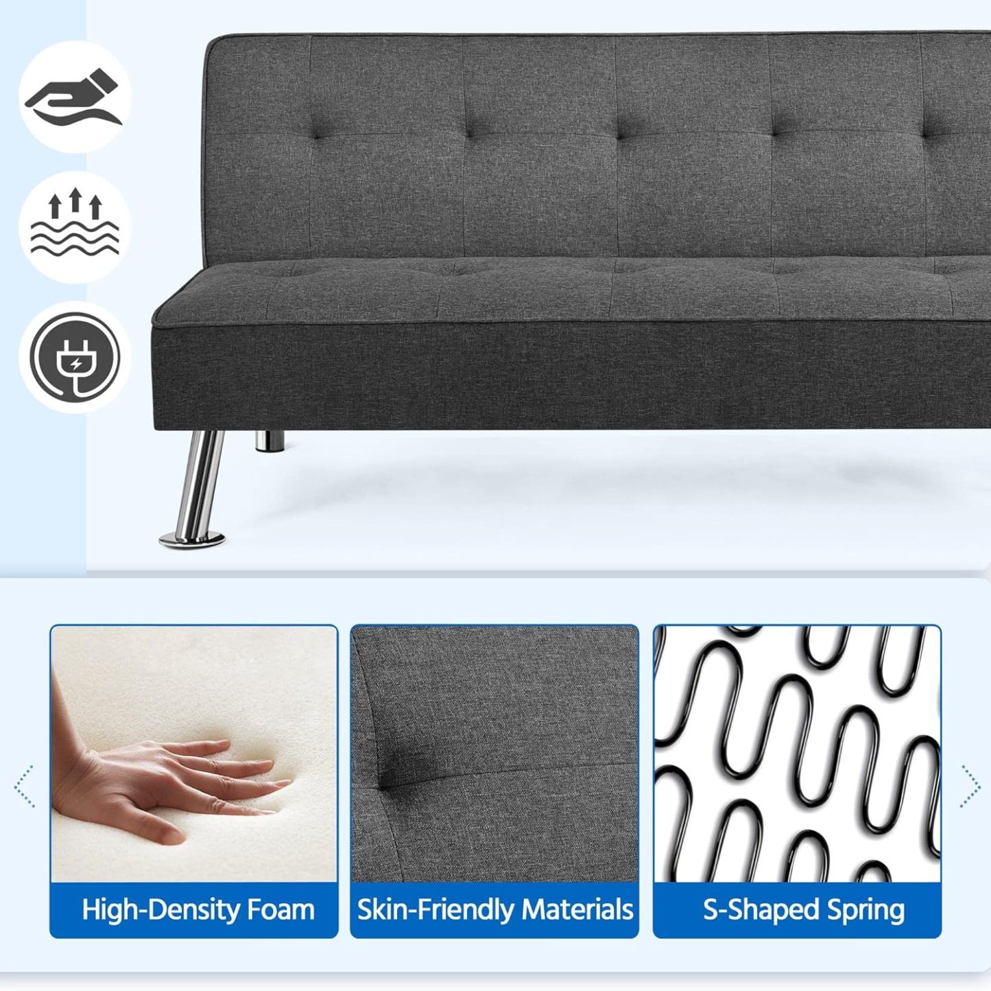 Yaheetech - Sofá Cama Convertible Moderno con 2 Puertos de Carga USB Integrados de Tela, Patas de Metal, 3 ángulos Ajustables para una Vida compacta, Departamento, recámara, habitación Extra Gris