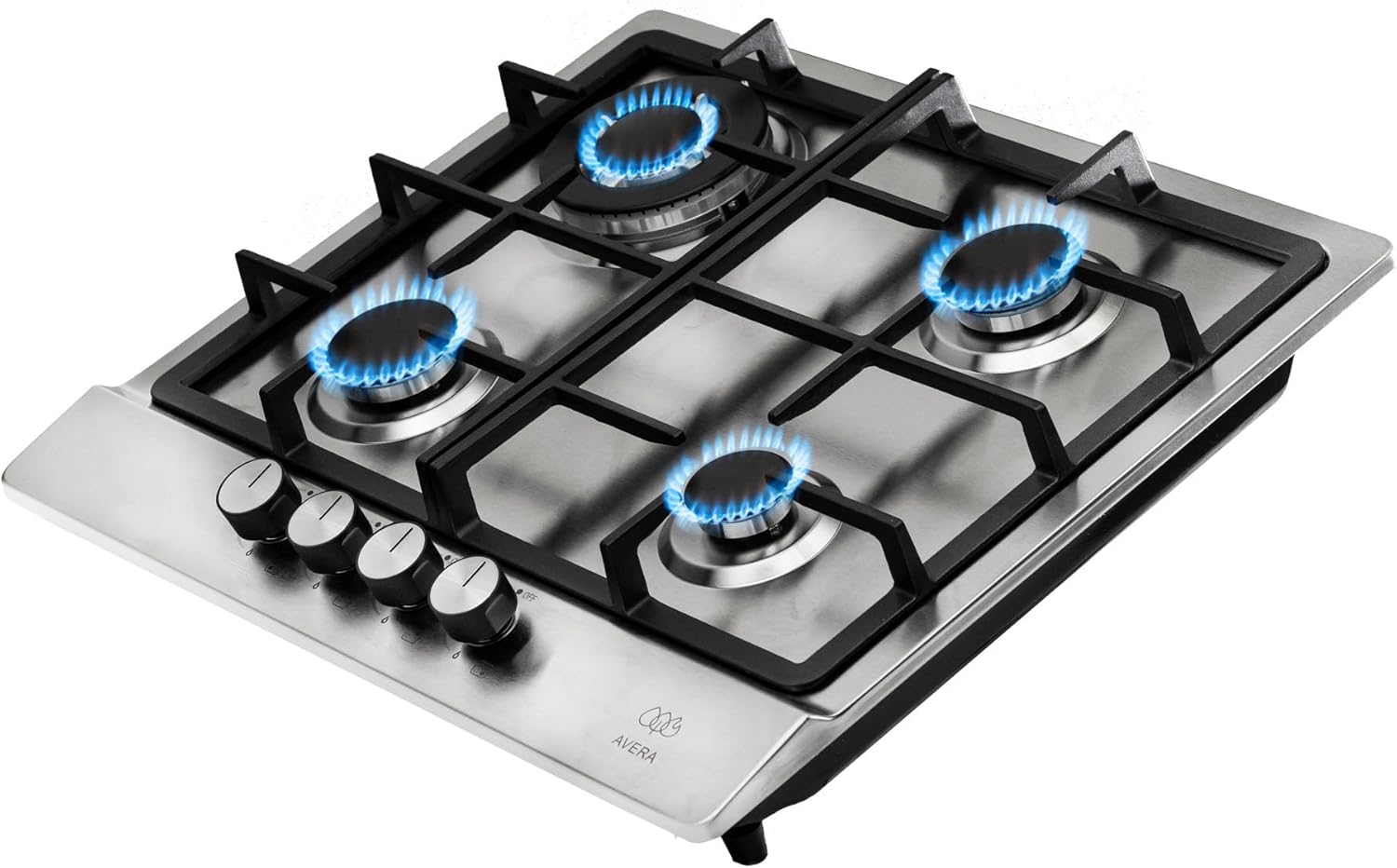 AVERA Parrilla de Gas 4 Quemadores, Acero Inoxidable 60cm (Incluye Accesorios para Instalarla), Encendido Electronico, Perillas Metalicas, Estufa Empotrable, para Gas LP y Gas Natural, AI4