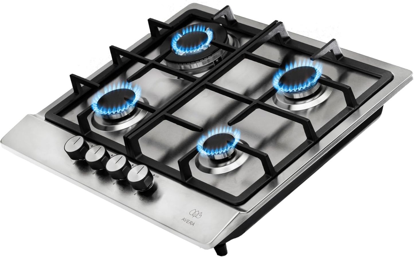 AVERA Parrilla de Gas 4 Quemadores, Acero Inoxidable 60cm (Incluye Accesorios para Instalarla), Encendido Electronico, Perillas Metalicas, Estufa Empotrable, para Gas LP y Gas Natural, AI4