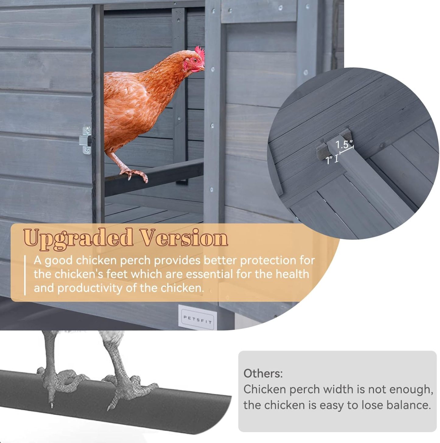 Petsfit- Gallinero grande con perchas mejoradas, jaula de madera para gallinas al aire libre con caja nido grande, techo de asfalto abierto resistente a la intemperie y fondo removible, casa para pato
