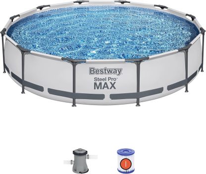 Bestway Steel Pro MAX - Juego de piscina redonda sobre el piso de 14 x 33 pulgadas, incluye bomba de filtro de 530 galones
