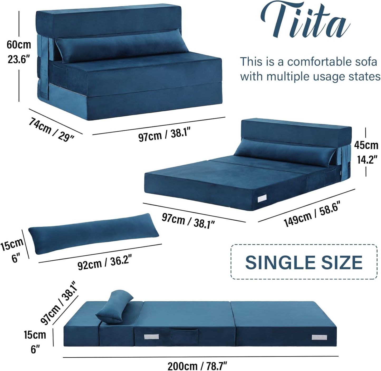 Tiita - Sillón de futón, tamaño individual, sofá cama plegable con almohada, colchón de piso y futón para sala de estar, recámara, uso de invitados, departamento