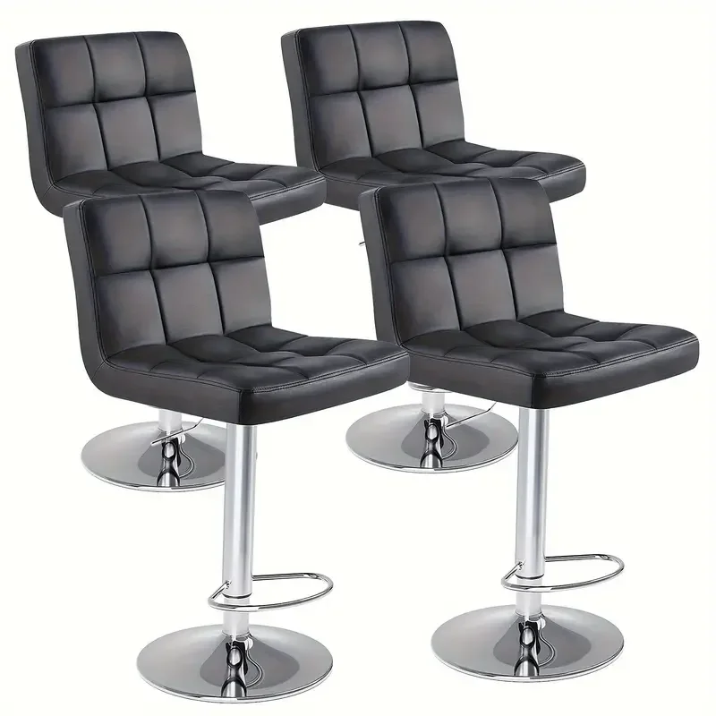 Conjunto de 4 taburetes de bar: Cuero PU de lujo, giratorios y ajustables, taburetes de mostrador de cocina sin brazos con cojín engrosado y respaldo, taburetes de bar de isla hidráulica, negro