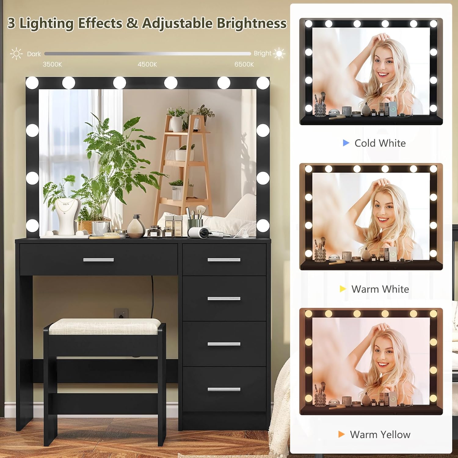 usikey - cambiador de maquillaje con 12 luces, computadora de cambiador con toma de corriente, mesa de maquillaje con 5 cajones, espejo grande, cambiador con taburete para recámara, baño, negro