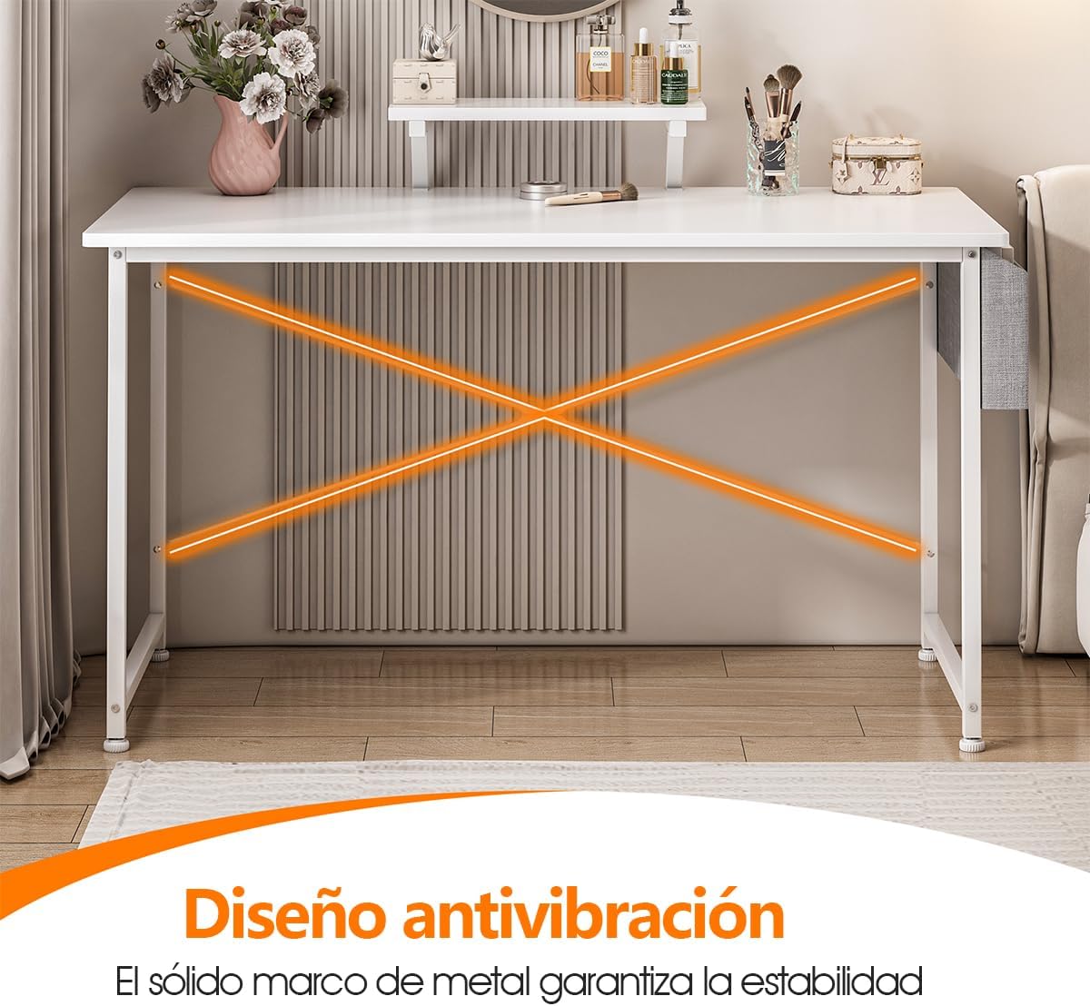Escritorio Pequeño para Computadora Moderno, Tocador Furniture con Bolsa de Almacenamiento, Viene con Soporte de Escritorio 110 X 50 X 75 CM (Blanco)