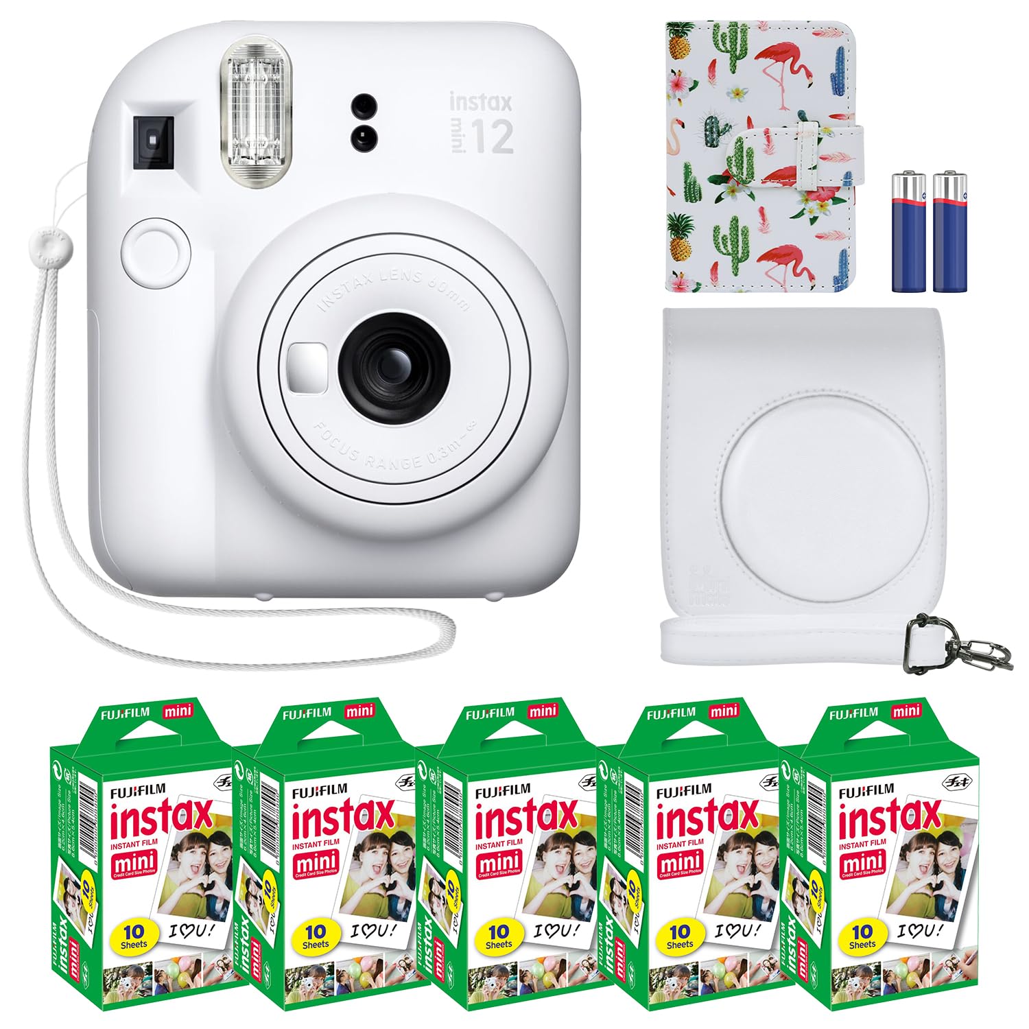 Fujifilm Instax Mini 12 cámara instantánea + paquete de accesorios MiniMate y funda personalizada compatible + Fuji Instax Film Value Pack (50 hojas) Álbum de fotos de diseño flamenco (verde menta)