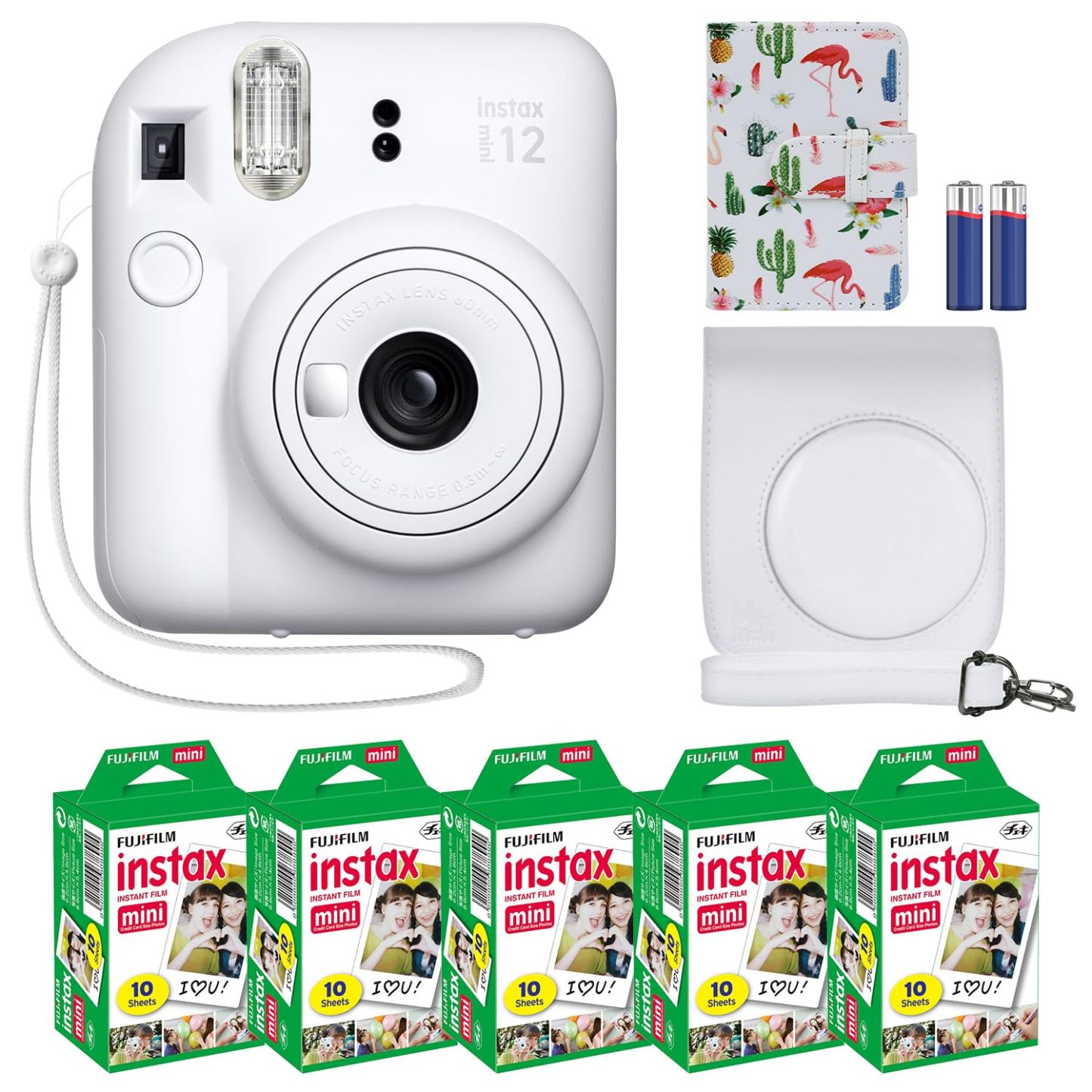 Fujifilm Instax Mini 12 cámara instantánea + paquete de accesorios MiniMate y funda personalizada compatible + Fuji Instax Film Value Pack (50 hojas) Álbum de fotos de diseño flamenco (verde menta)