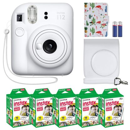 Fujifilm Instax Mini 12 cámara instantánea + paquete de accesorios MiniMate y funda personalizada compatible + Fuji Instax Film Value Pack (50 hojas) Álbum de fotos de diseño flamenco (verde menta)