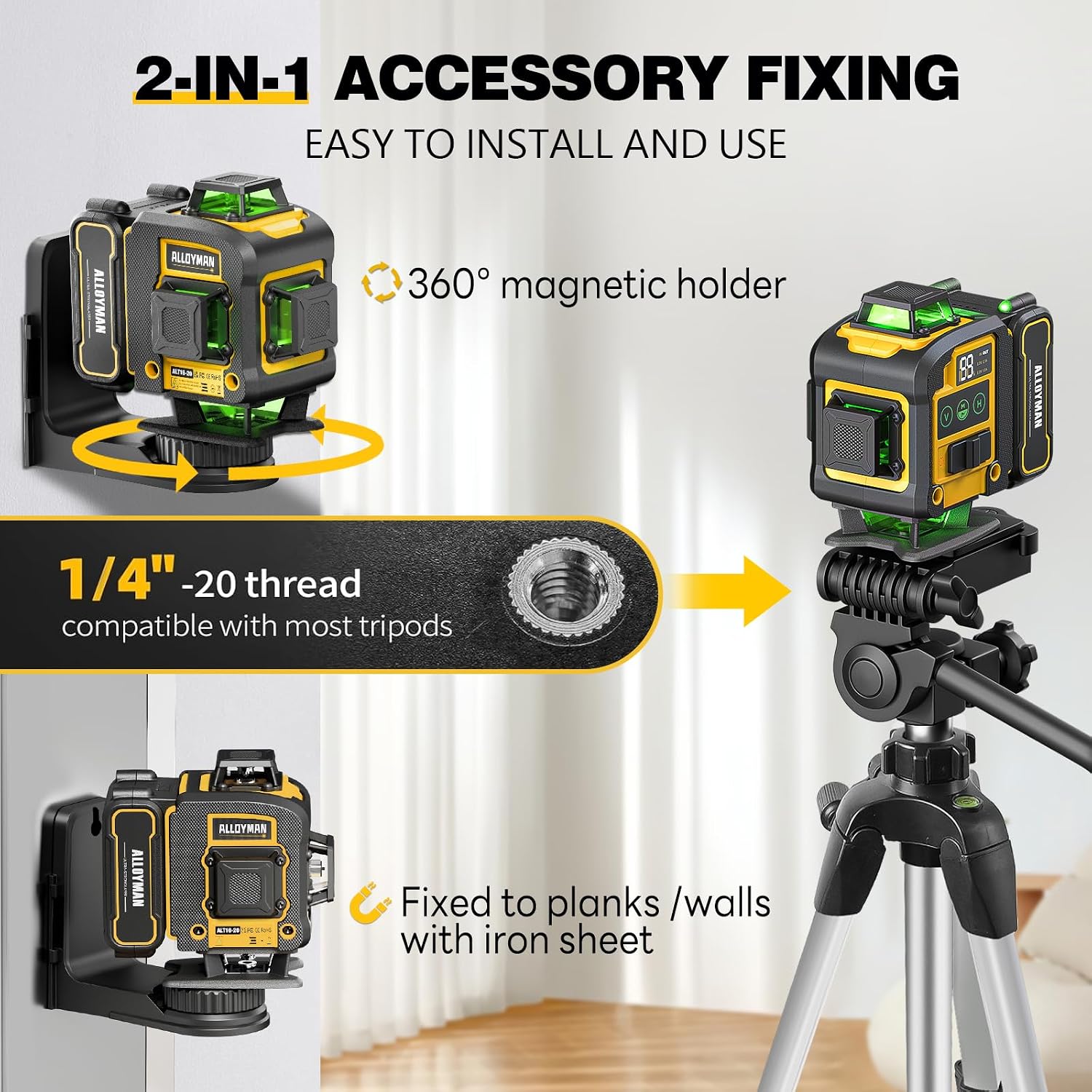 📐🎁Nivel Láser Alloyman 4D 16 Líneas Verdes, Autonivelante 4x360°, Incluye Trípode y 2 Baterías de Litio, para Azulejos, Colgar Cuadros y Reformas de Interiores, Excelente Regalo para Navidad y Año Nuevo