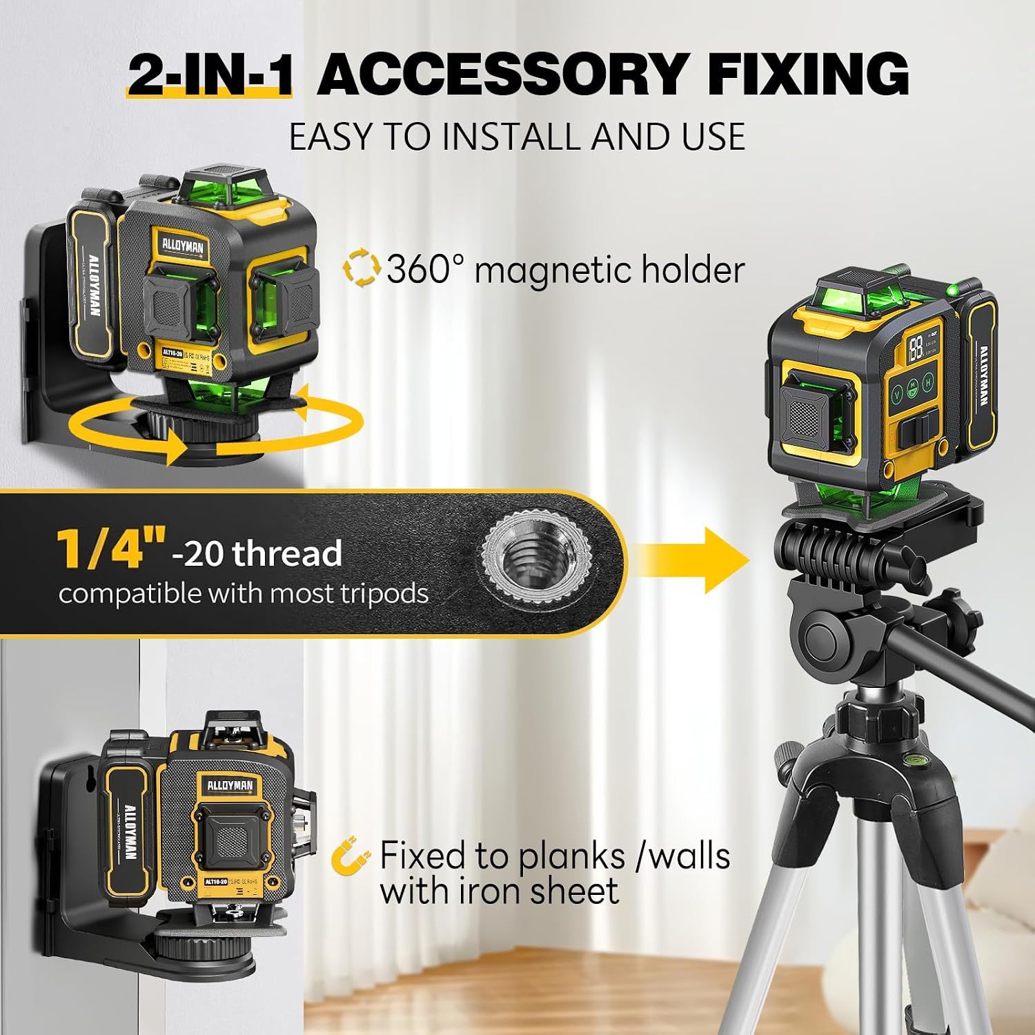 📐🎁Nivel Láser Alloyman 4D 16 Líneas Verdes, Autonivelante 4x360°, Incluye Trípode y 2 Baterías de Litio, para Azulejos, Colgar Cuadros y Reformas de Interiores, Excelente Regalo para Navidad y Año Nuevo