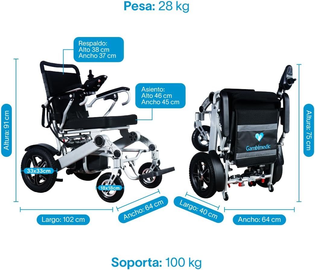 GAMBIMEDIC Silla De Ruedas Electrica Plegable Aluminio Todoterreno Ligera Portatil Facil Transporte Para Viaje Cuenta Con 4 Amortiguadores Facil Almacenaje Silla Motorizada Portatil