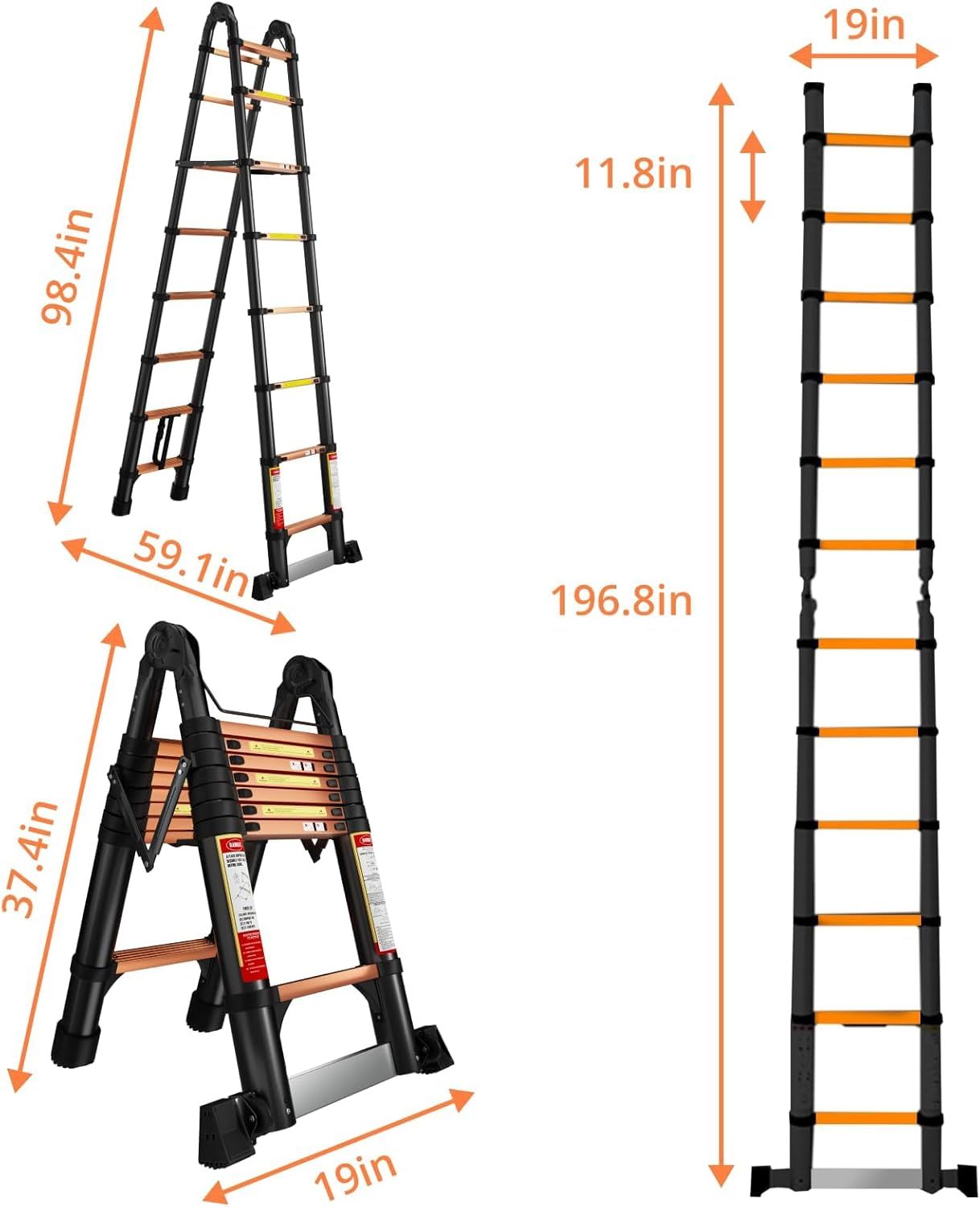 EvaStar - Escalera telescópica con marco A, escaleras telescópicas de aluminio ligeras con estabilizadores triangulares, barra estabilizadora y ruedas, escalera de extensión de capacidad de 350 libras
