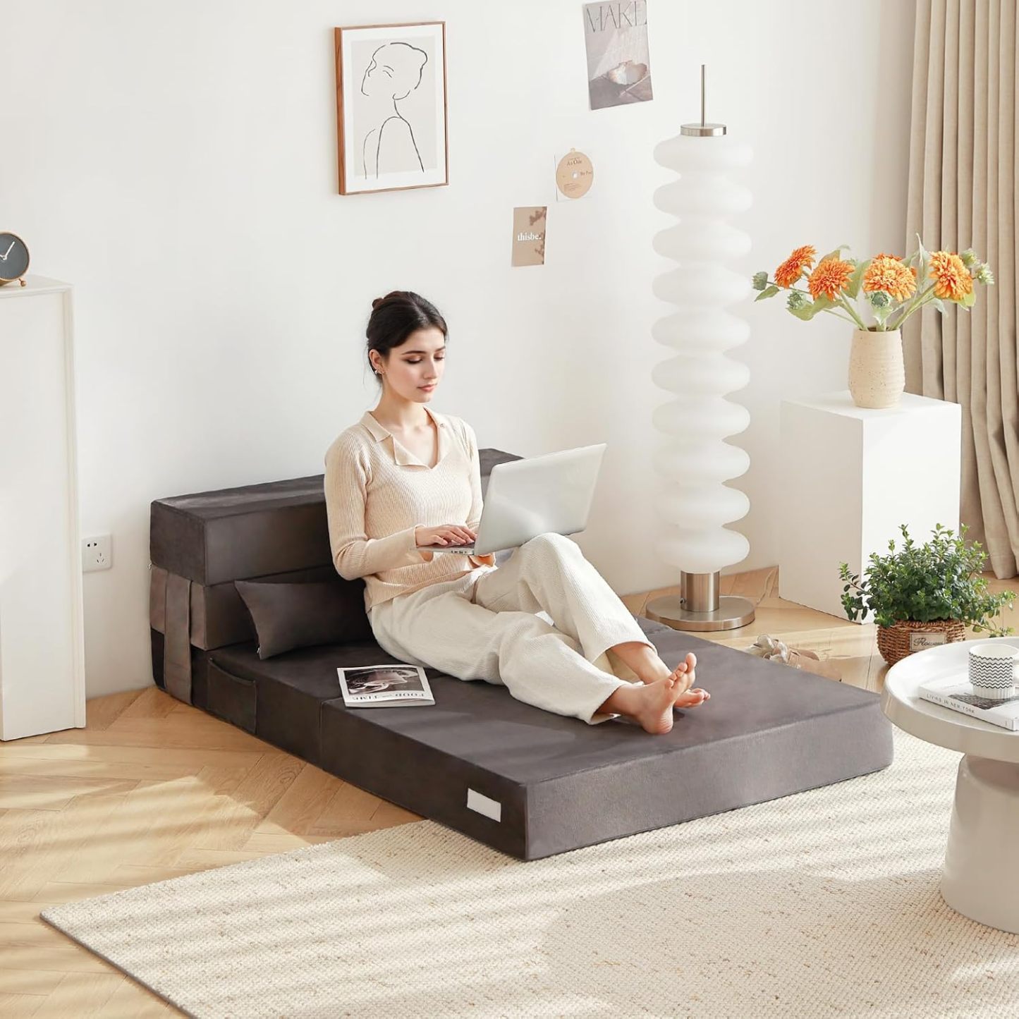 Tiita - Sillón de futón, tamaño individual, sofá cama plegable con almohada, colchón de piso y futón para sala de estar, recámara, uso de invitados, departamento