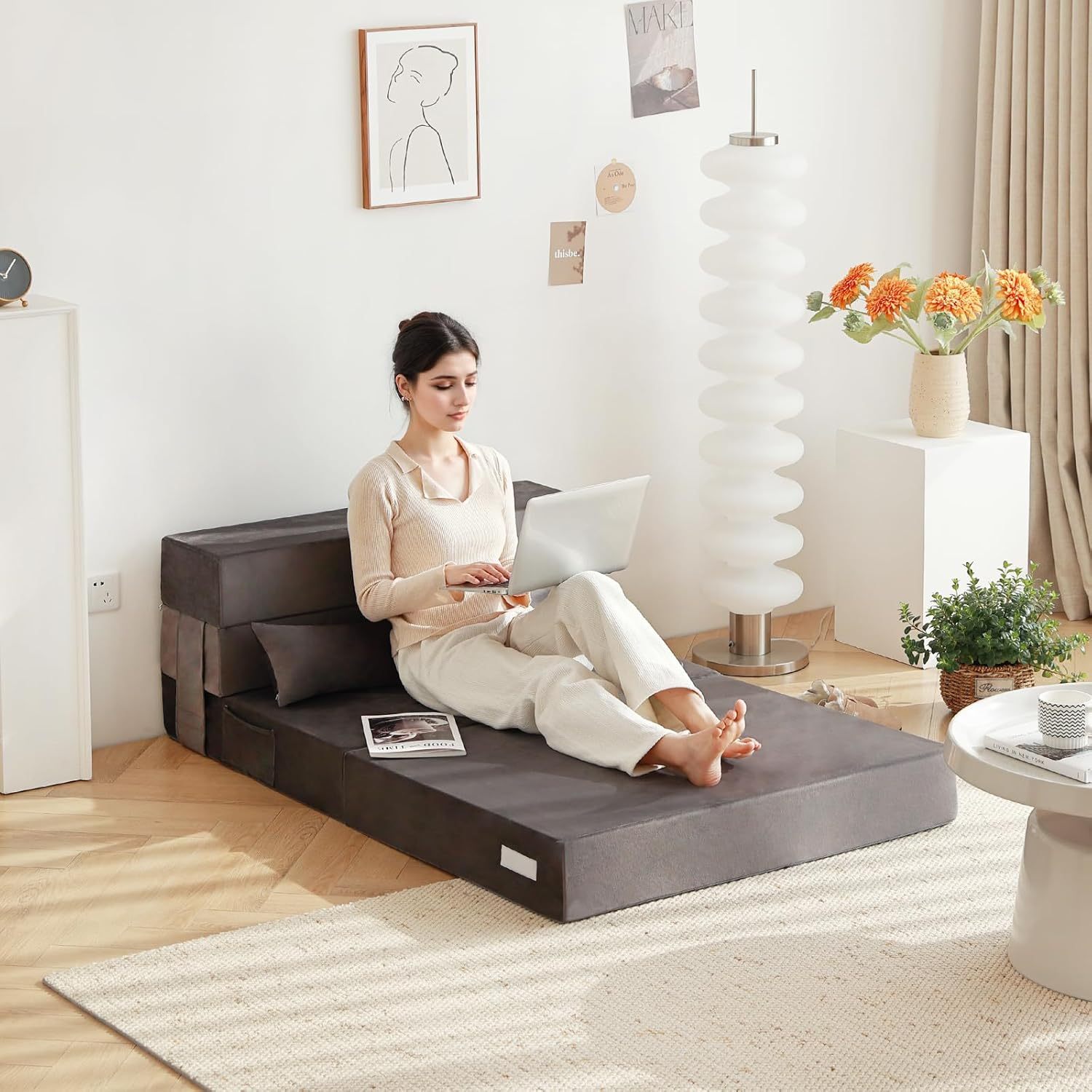 Tiita - Sillón de futón, tamaño individual, sofá cama plegable con almohada, colchón de piso y futón para sala de estar, recámara, uso de invitados, departamento