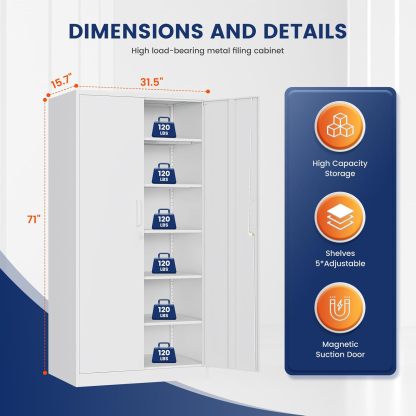 Yizosh - Gabinete de almacenamiento de metal con 2 puertas y 5 estantes ajustables, archivador de acero de 71 pulgadas, gabinetes de herramientas de bloqueo para oficina, hogar, cochera, gimnasio,