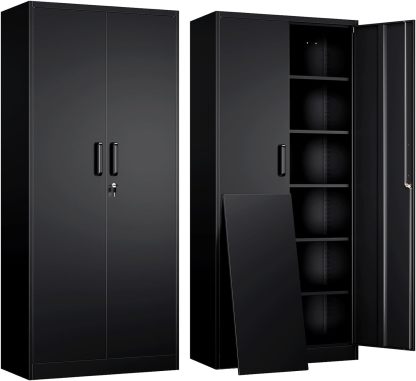 Yizosh - Gabinete de almacenamiento de metal con 2 puertas y 5 estantes ajustables, archivador de acero de 71 pulgadas, gabinetes de herramientas de bloqueo para oficina, hogar, cochera, gimnasio,