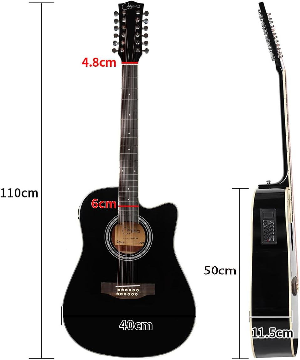 Jidyous-41 Inch,4/4,Guitarra Electroacústica 12 cuerdas,con Funda Acolchada, afinadores, Tirantes de guitarra,cuerdas, paletas, capó, adecuada para adultos jóvenes de nivel medio (Black)