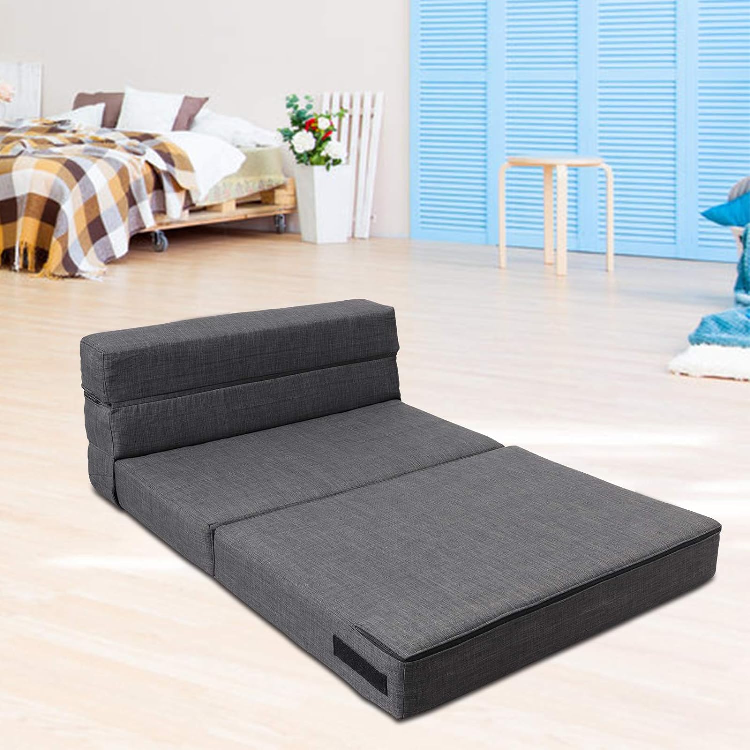 Silla reclinable Anoner, sofá cama plegable de 152 cm, diván con 2 cojines, funda lavable de espuma viscoelástica tamaño queen, color gris claro