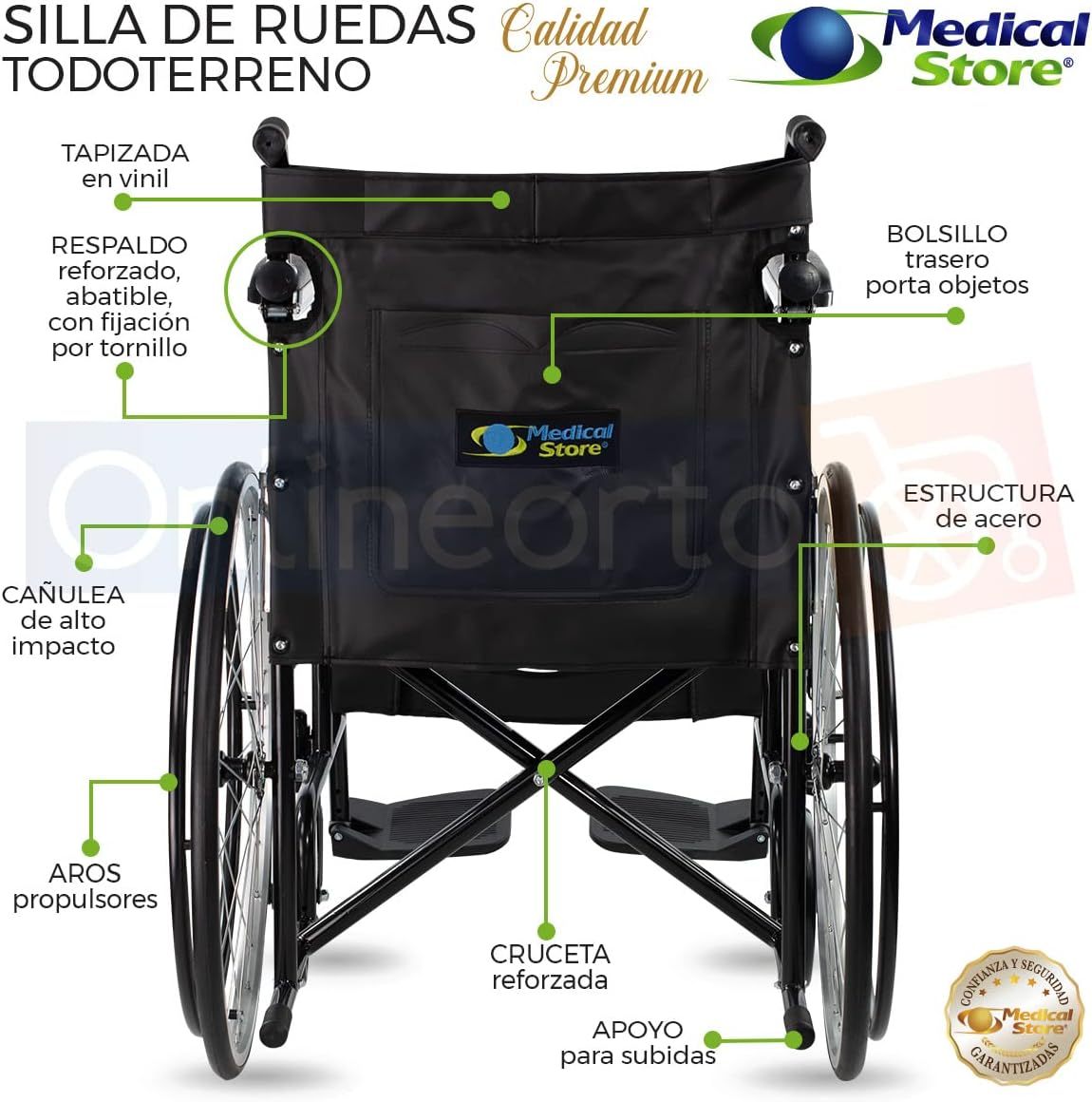 MEDICAL STORE Silla de Ruedas, Modelo 809F, Acero Resistente, Descansapies Desmontables, Descansabrazos Fijos Rectos, Asiento y Respaldo de Vinil Alta Resistencia. (ROJO)