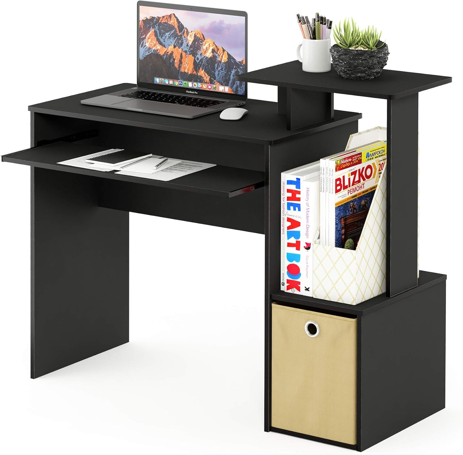 Furinno Econ Escritorio de escritura de computadora de oficina en casa multipropósito W/Bin, Blanco/Negro